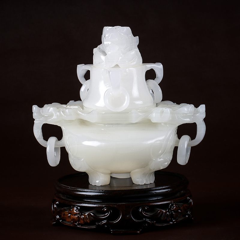 玉荔缘 白玉双耳兽香炉摆件 龙头香炉摆设 玉石 附证书