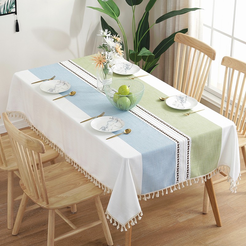 北欧ins风桌布布艺棉麻小清新餐桌布现代简约流苏网红长 清新绿蓝 90