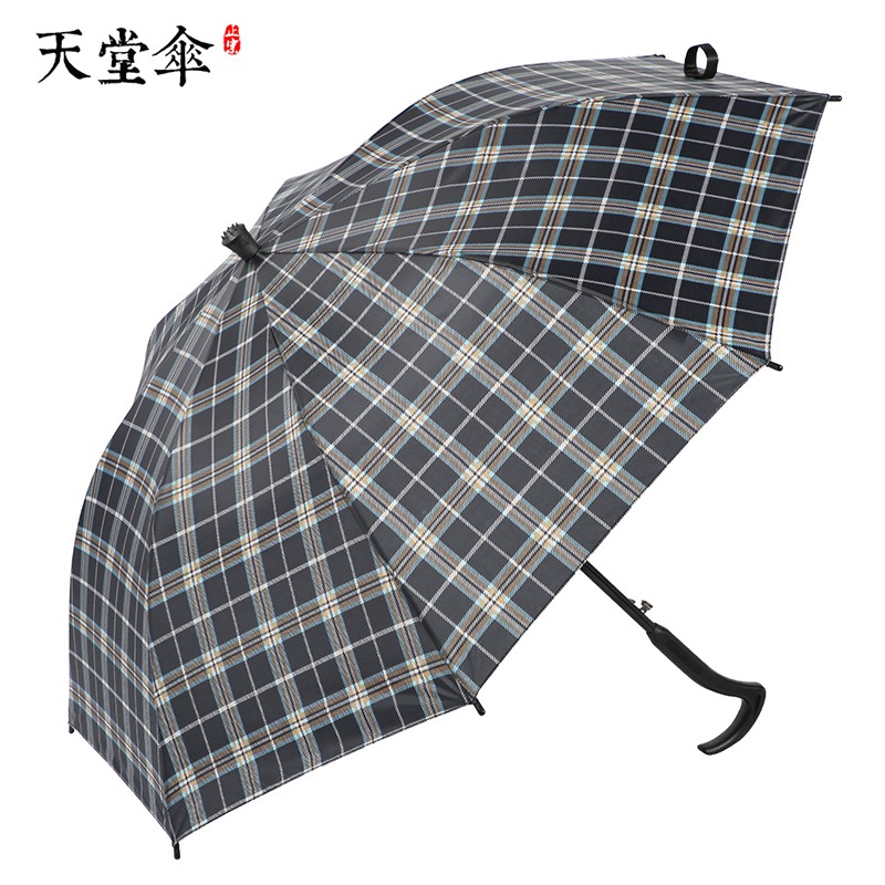 天堂伞雨伞中老年拐杖伞加固长柄伞登山雨伞半自动格子伞防滑晴雨伞 黑色格子