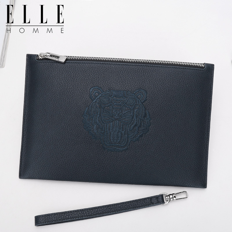 elle homme专柜款虎头刺绣头层牛皮信封包商务休闲青年男士手拿包大