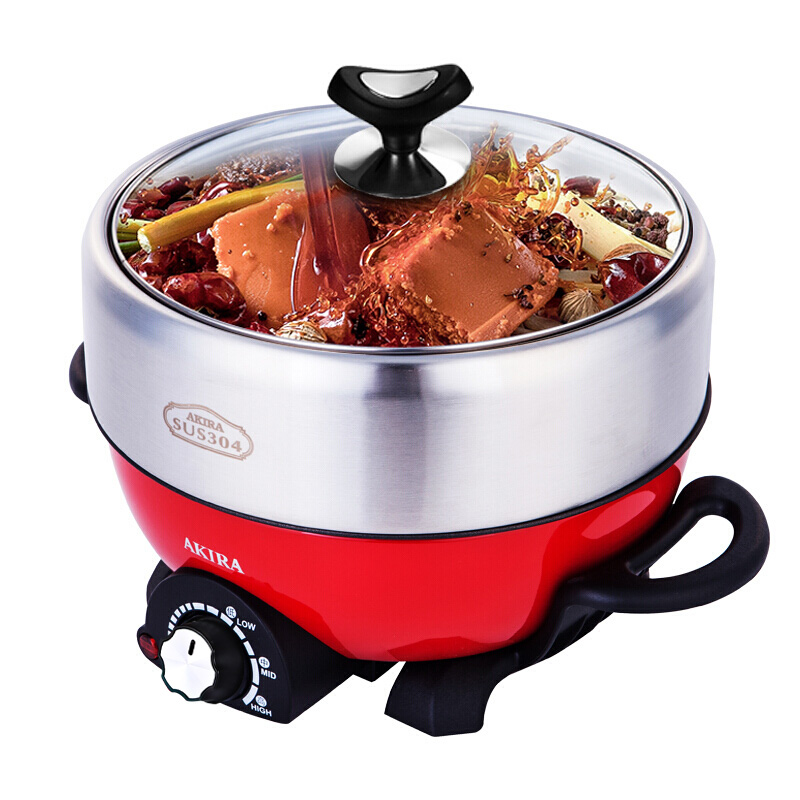 爱家乐新加坡爱家乐(AKIRA)电火锅家用迷你分体式火锅304加厚不锈钢家用多功能电热锅3升A50 3L 标配无蒸笼和温度计提手