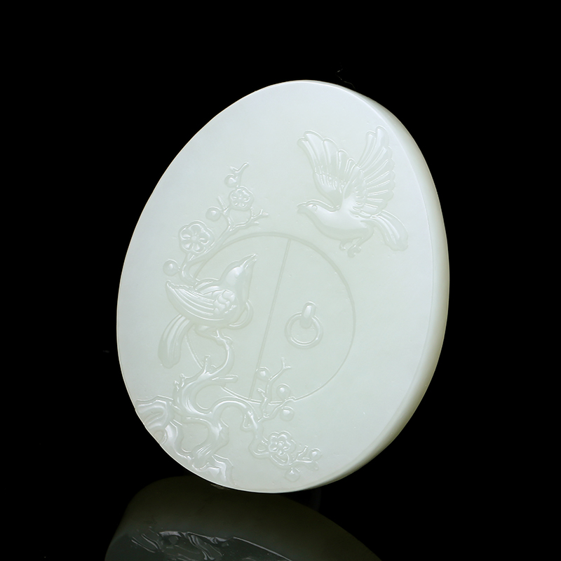 玉荔缘 天然和田白玉喜鹊盈门吊坠 喜鹊登门玉牌子配饰 附证书