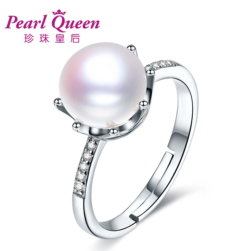 珍珠皇后 礼物送女友8.5-9mm淡水珍珠戒指 精美925银镶时尚开口女戒 皇冠