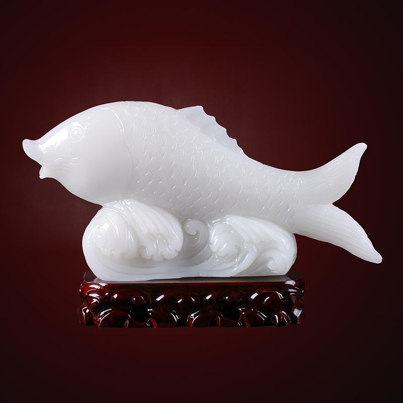 玉荔缘 天然白玉精雕鲤鱼摆件 玉石年年有鱼摆设 玉器 附证书