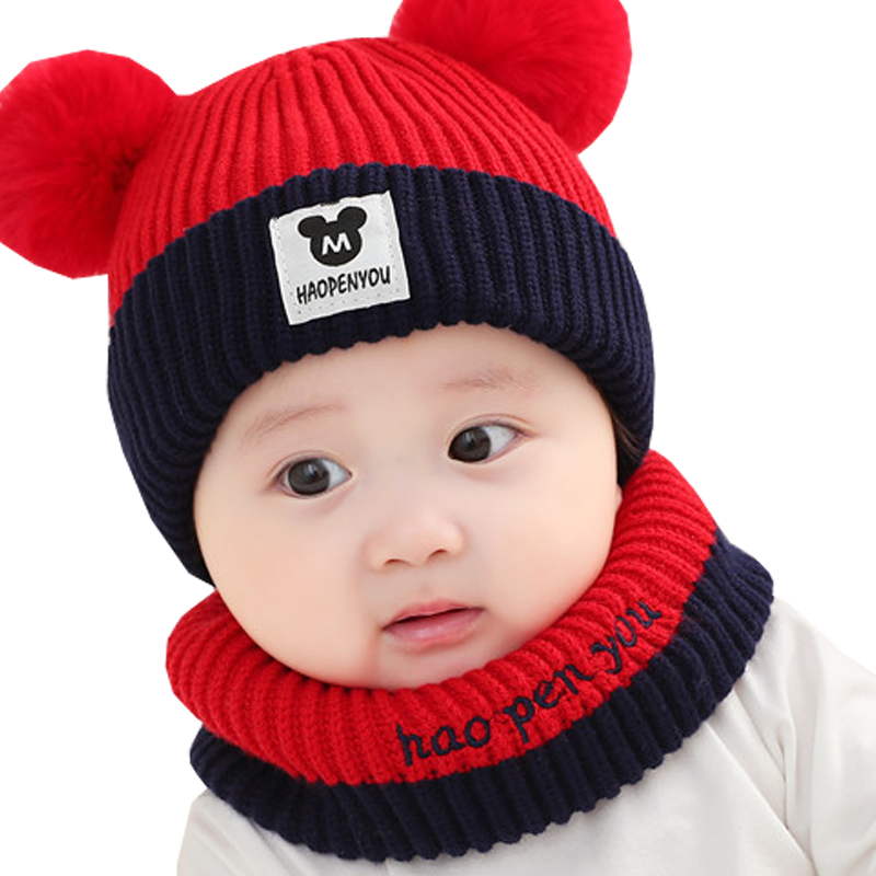 婴儿帽子秋冬加厚宝宝帽子围脖 儿童保暖针织帽 红色 帽子+围脖