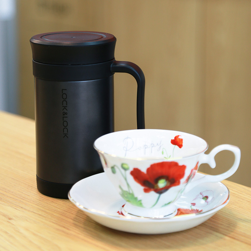 乐扣乐扣（LOCK&LOCK）304不锈钢桌面保温杯真空商务水杯子茶水分离杯 黑色 400ml