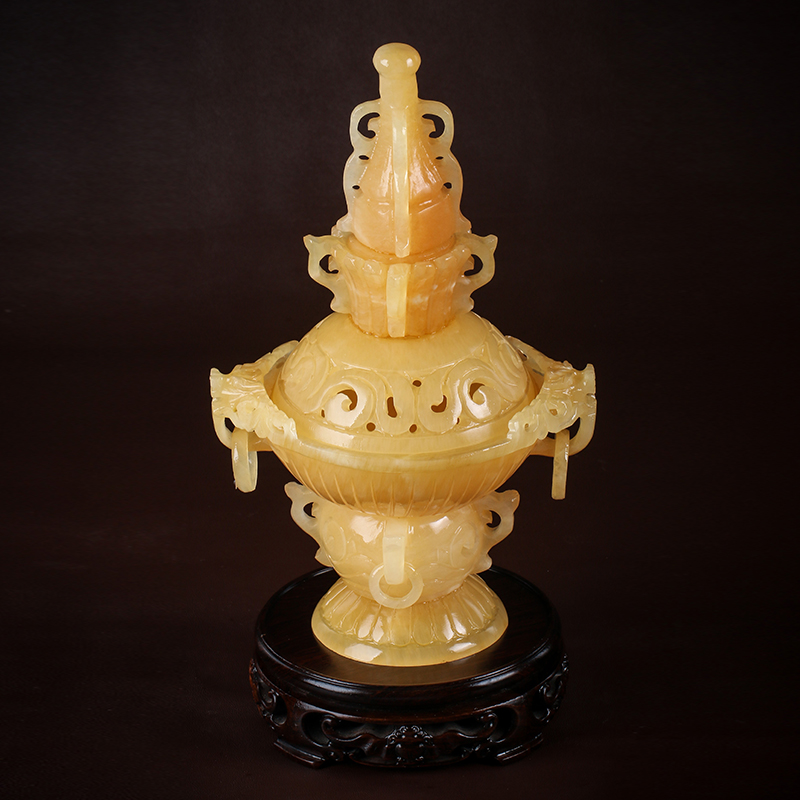 玉荔缘 精雕天然黄玉香炉摆件 天然米黄玉玉石摆设 附证书