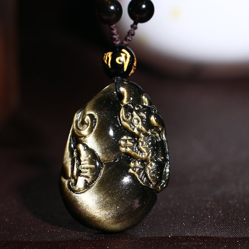 慈灵阁 金曜石貔貅吊坠 男女款黑曜石如意葫芦项链 红色