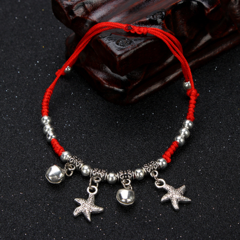 览日鸟铃铛脚链女韩版简森系清新红绳足银腿链脚环脚绳情侣配饰 9788