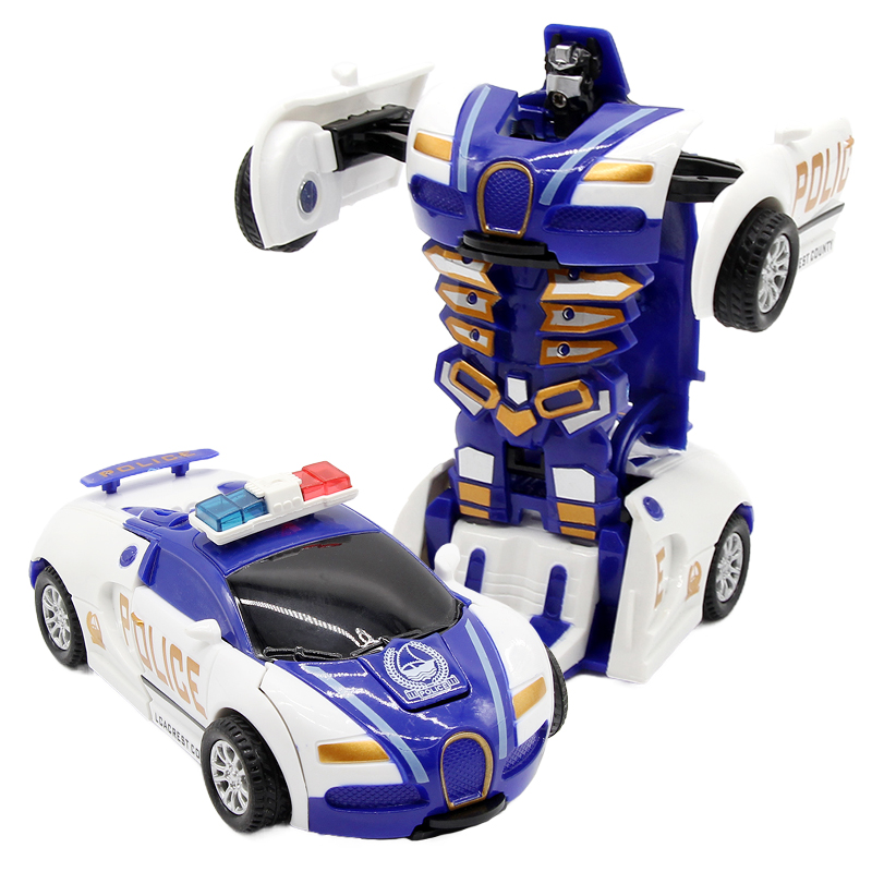 儿童一键变形玩具车金刚5 宝贝男孩惯性撞击PK汽车机器人赛车 警车布加迪 深蓝色A款