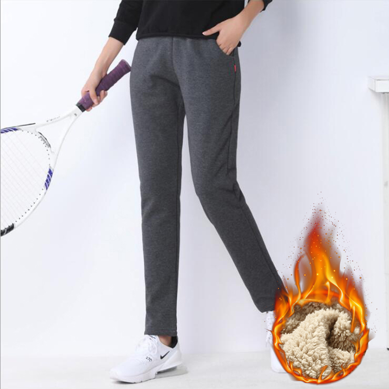 虎迹加绒收口运动裤女冬季羊羔绒加厚休闲裤跑步锻炼保暖运动长裤 深灰色(字母款) XL
