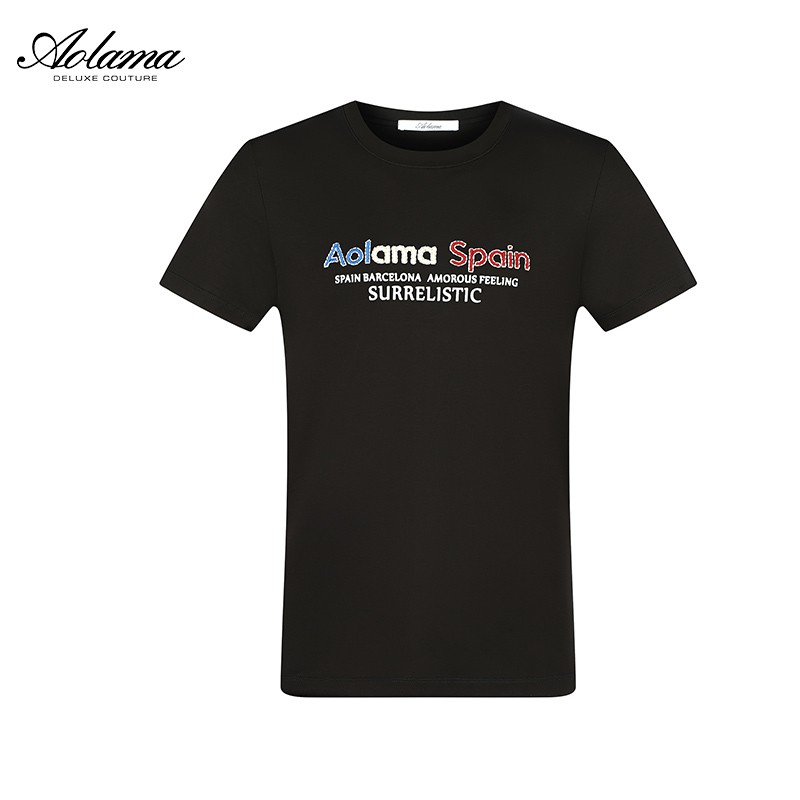 奥拉玛(AOLAMA)奢侈品男装T恤时尚串珠圆领短袖T恤男夏 黑色 50