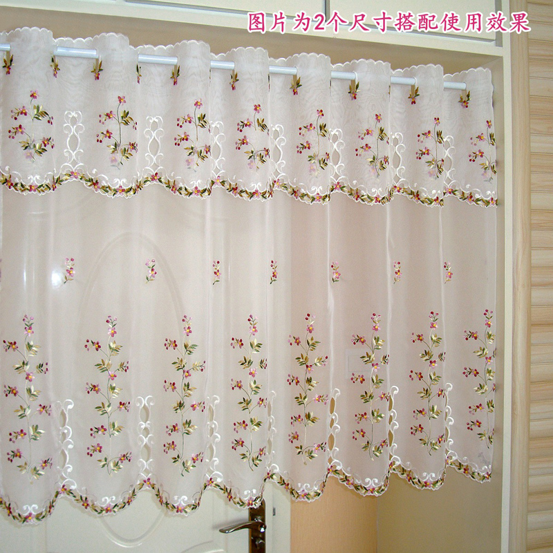 熊啾啾 穿管帘田园窗幔帘刺绣韩式布艺窗帘成品门帘厨房帘纱帘免打孔 乳白色半透明软纱 90CM高x150CM宽