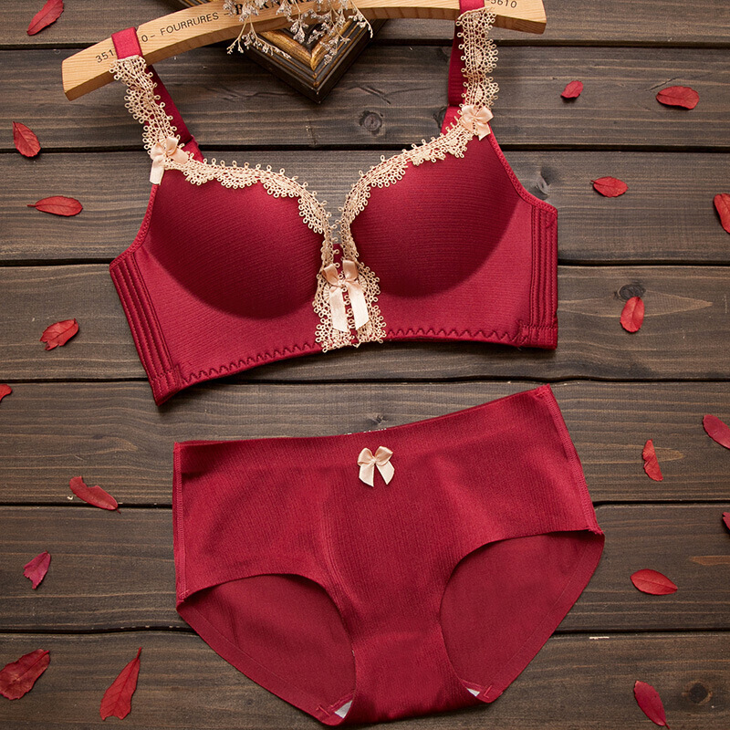 文胸无钢圈内衣女无痕拉丝调整型文胸套装高端性感蕾丝边聚拢 酒红色