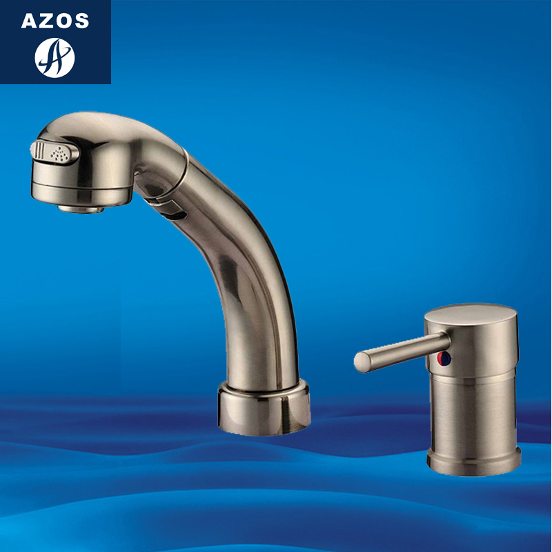 亚修斯AZOS 北欧 双孔面盆抽拉式水龙头 三孔洗头浴室台盆抽拉龙头冷热全铜升降带伸缩花洒双出水 A款拉丝色