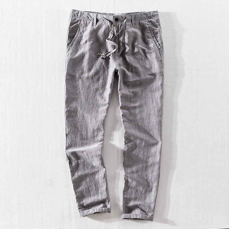 极麻日系条纹抽绳直筒棉麻休闲裤男士夏季小脚透气亚麻长裤子 灰色 30
