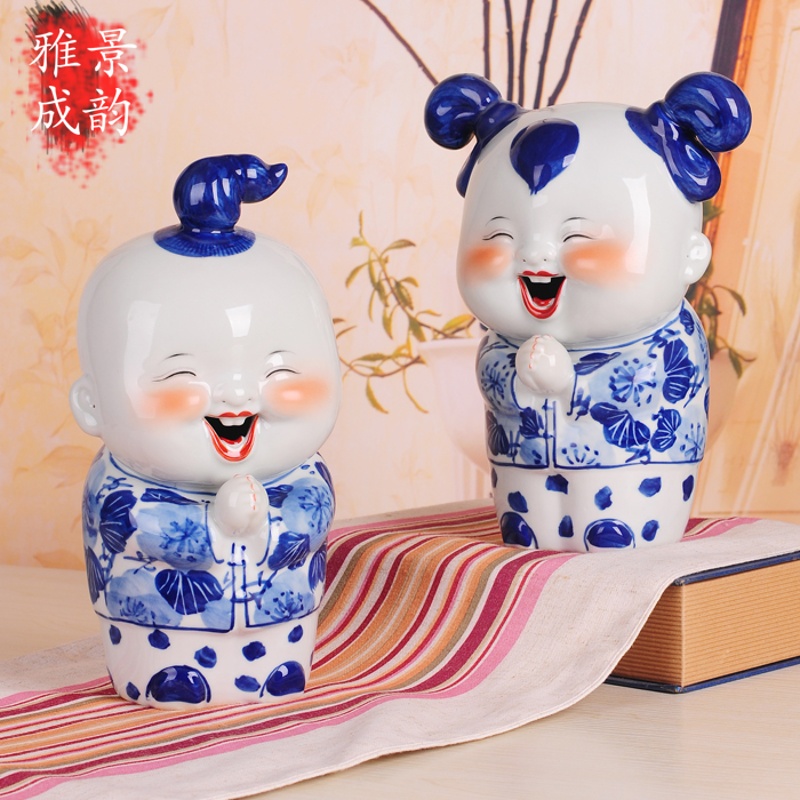 雅成陶瓷 雕塑青花瓷恭喜发财娃娃 工艺礼品摆件家居饰品 客厅玄关