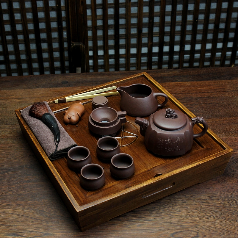 茗阳宜兴真品紫砂壶纯全手工原矿紫泥茶具套装四方抽角泡茶壶茶盘整套 四方套壶 厚德载物款