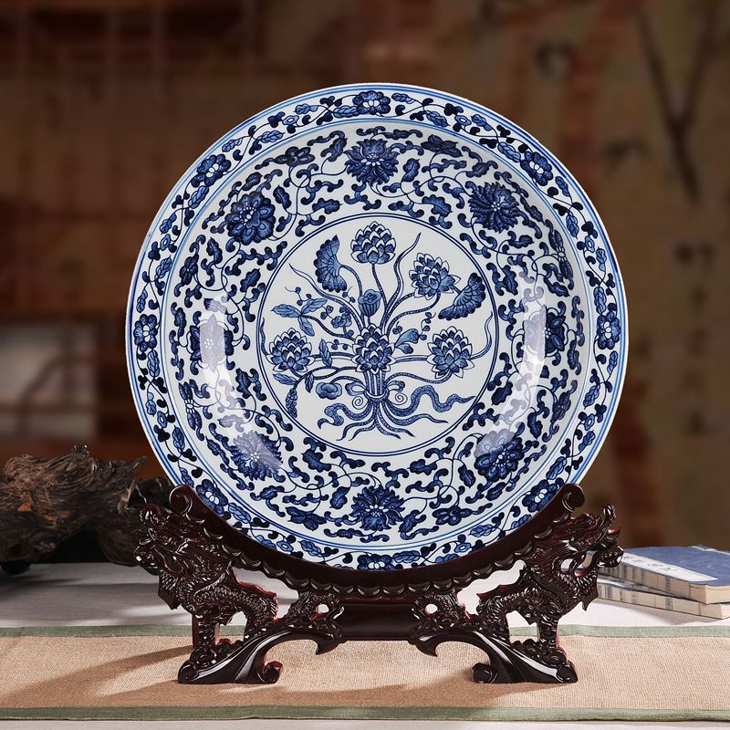 奋行景德镇青花瓷盘手工手绘坐盘仿古赏盘青花瓷盘子家居摆件 吉祥