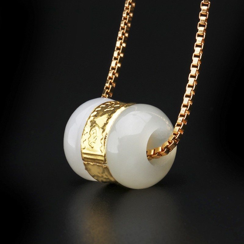 欧洛西 和田玉路路通金镶玉吊坠女款项链 路路通款