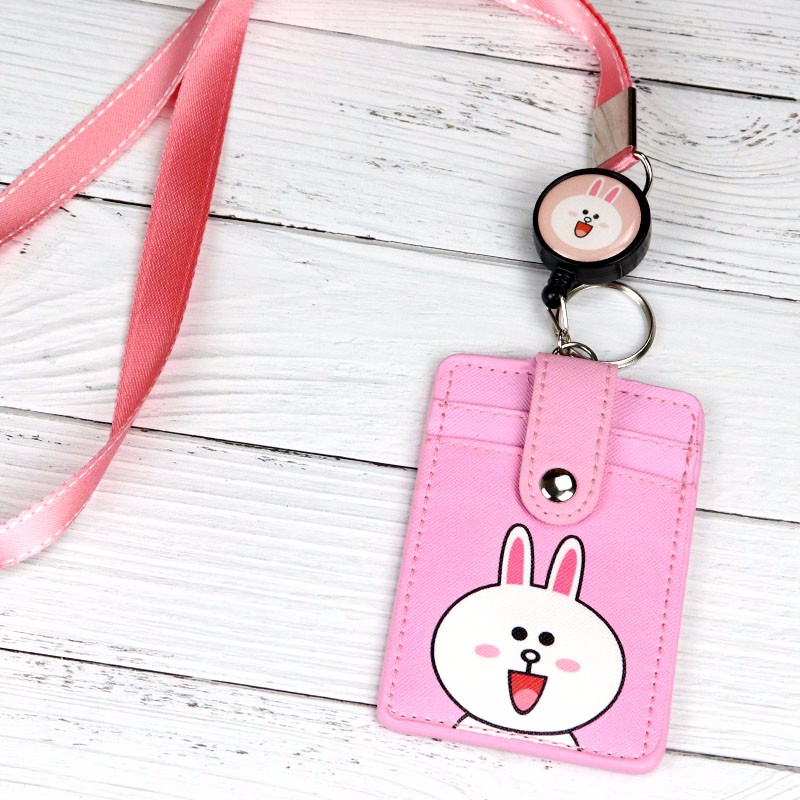 学生饭卡卡套门禁银行卡套可挂钥匙圈挂扣幼儿园卡套 挂绳-粉色兔子
