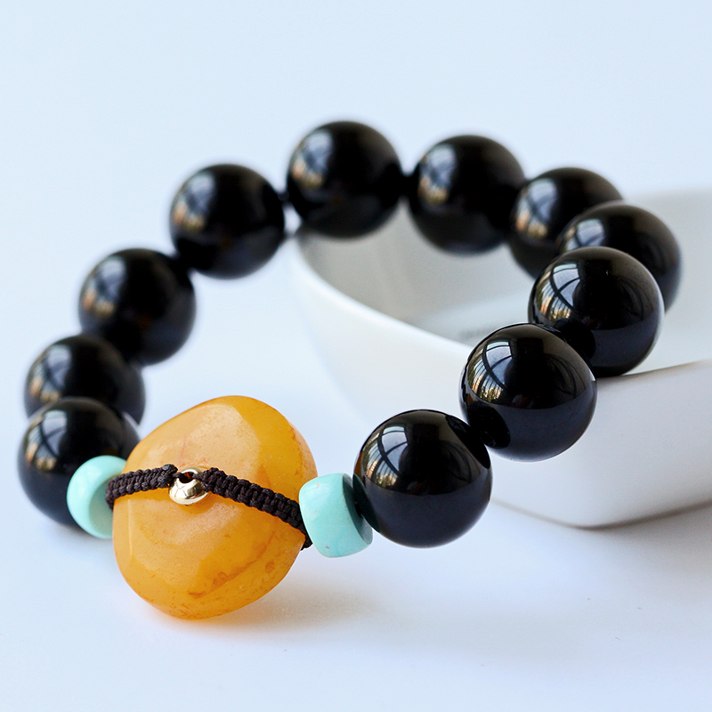 旭元 天然黑碧玺手串蜜蜡平安扣款手链天然水晶手串 黑碧玺直径16mm