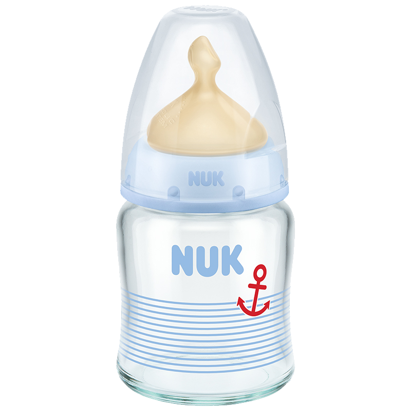 NUK 宽口玻璃奶瓶婴儿奶瓶0-6月中圆孔乳胶蓝色120ml进口图案随