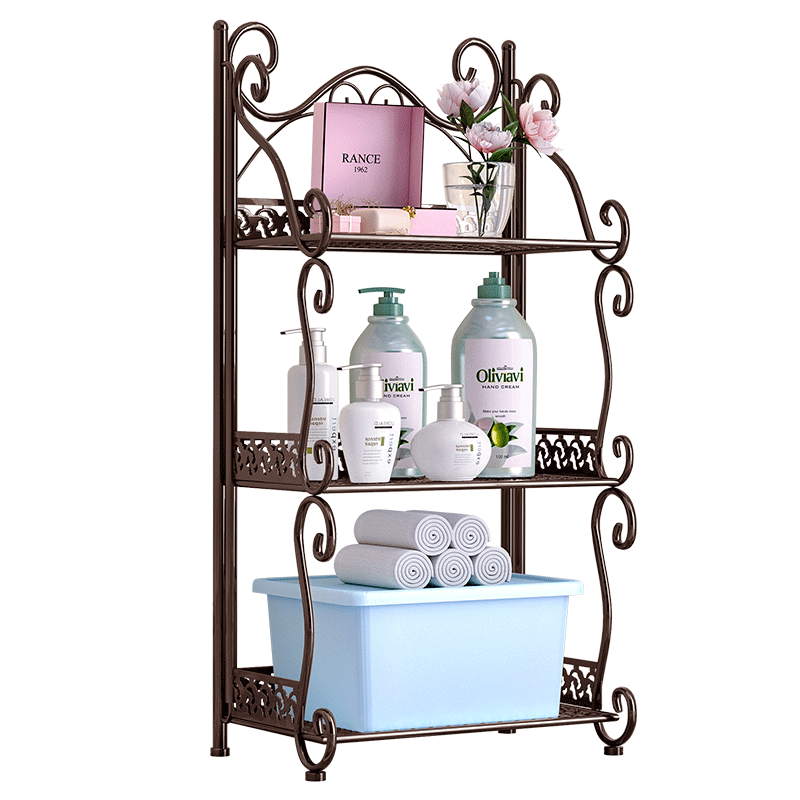 索尔诺 折叠置物架 落地浴室卧室宿舍家用多层客厅架子架子柜搁物架厕所洗手间厨房收纳储物层架 咖啡色Z673-三层【宽34*深21*高65】