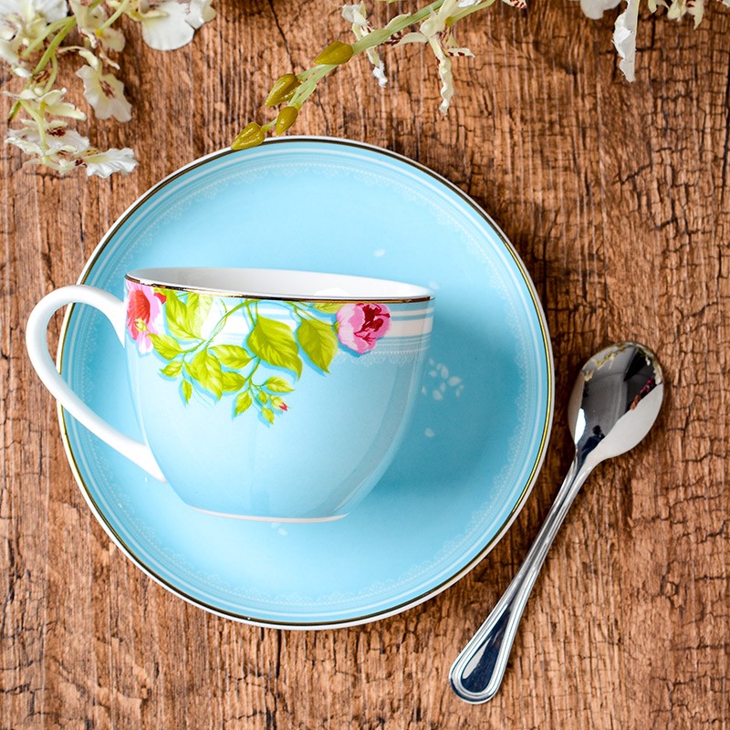 瑶华 陶瓷咖啡杯碟创意ins红茶杯英式下午茶精致欧式杯碟套装 蓝色蔷薇 配钢勺