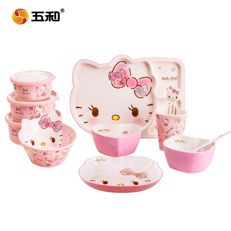 五和（WUHE）儿童碗宝宝辅食碗餐具餐盘分格宝宝三丽鸥婴儿水杯碗勺套装 凯蒂猫深碗+杯子+勺子 赠吸管