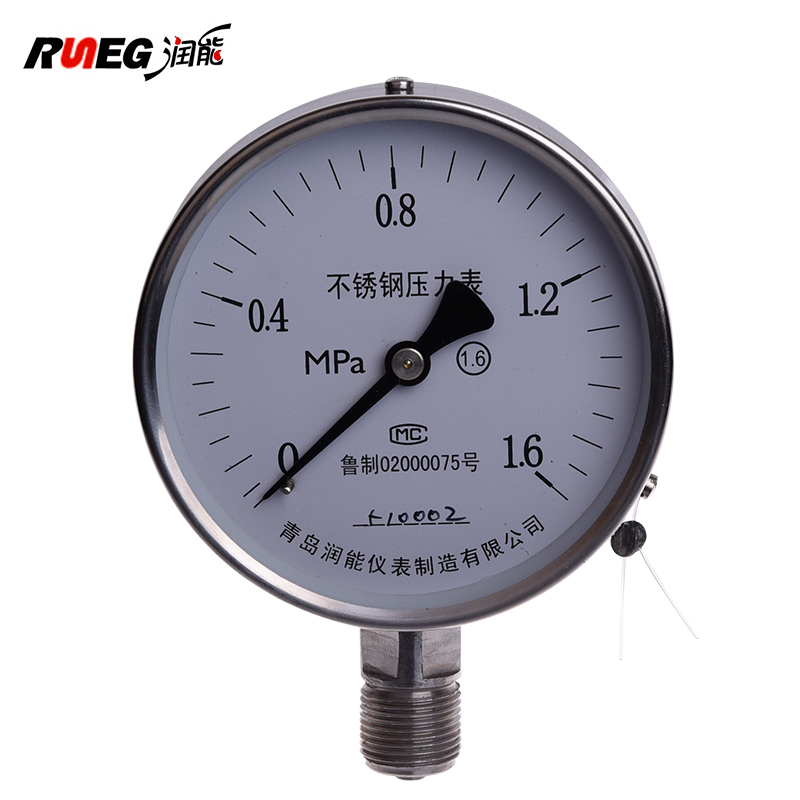 润能 不锈钢压力表YBF100蒸汽表防腐耐高温压力表直径100径向压力表 0-1.6Mpa