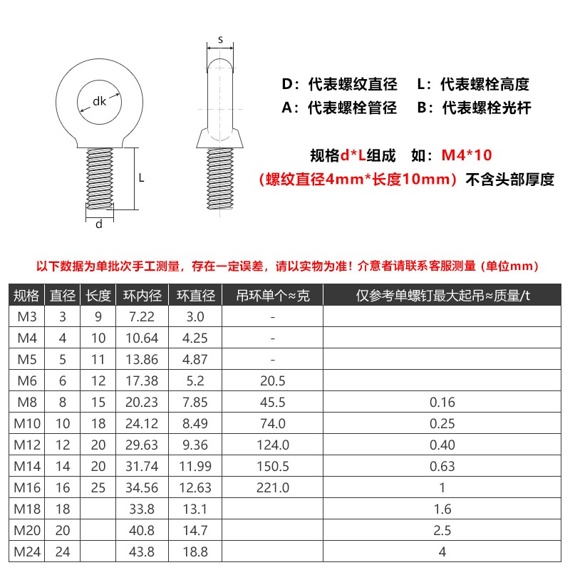 佰瑞特(bairuite)304不锈钢吊环螺丝钉GB825加长圆环形起重螺栓O型带圈起重 M20*28【1个】