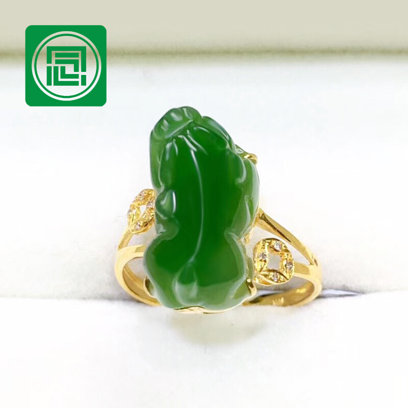 念玉珠宝和田玉貔貅戒指环女款天然碧玉戒指18k黄金镶玉镶嵌钻活口