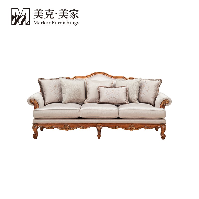 美克·美家(markorfurnishings)维也纳欧式实木三人布艺沙发弧形米