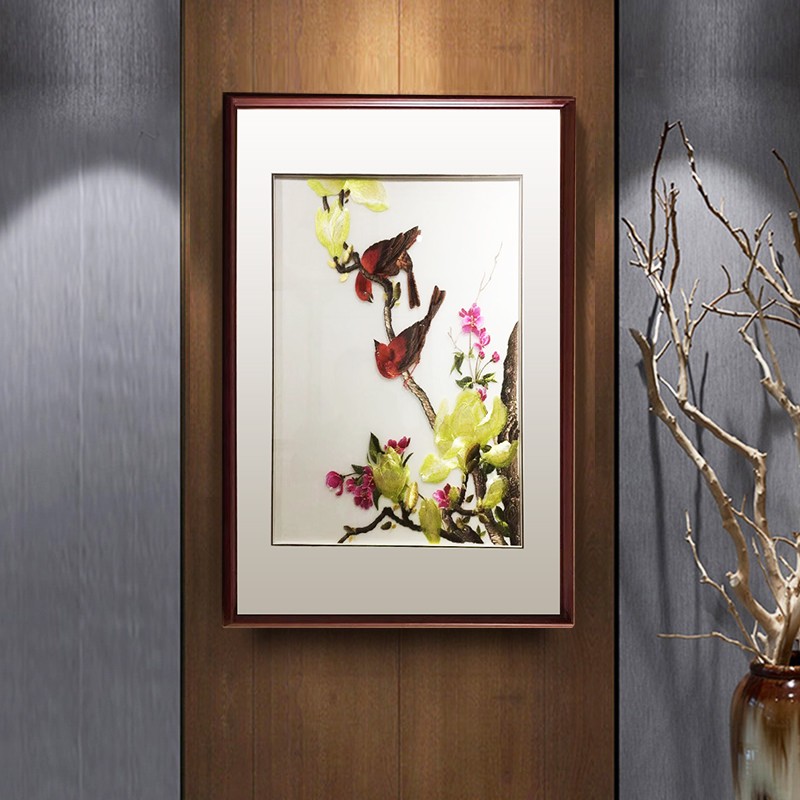祺匠屋 苏绣花鸟挂画竖版餐厅两联画真丝刺绣画成品立体明纱枝头喜鹊