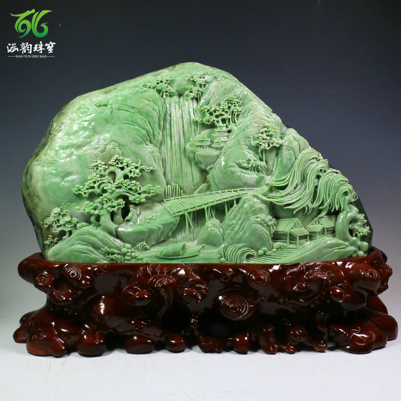 涵韵珠宝独山玉大摆件纯绿色料高山流水步步高升 家居大摆件大师作品