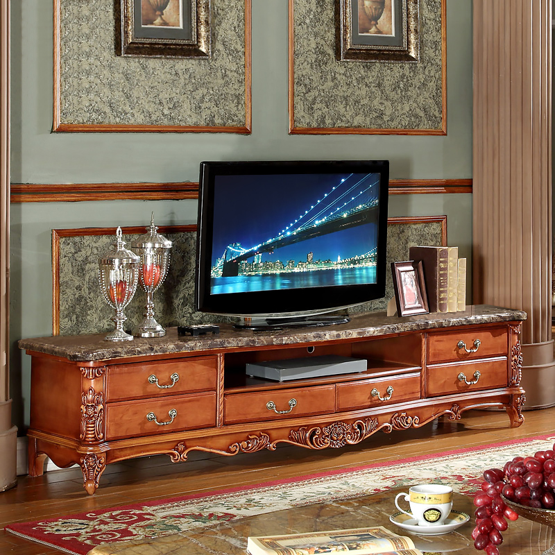 雅尔菲美式大理石电视柜组合 欧式复古实木雕花做旧客厅地柜古典 整装