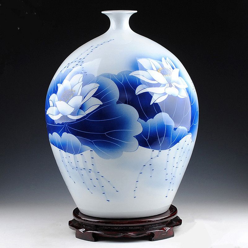 未卒家居景德镇陶瓷器名家吴文瀚手绘青花瓷花瓶瑶池清韵 荷花水滴瓶
