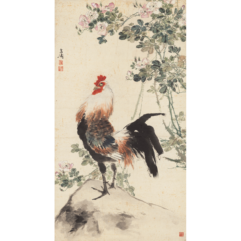 姿翰超高清微喷装饰画 王雪涛 小写意花鸟画 月季公鸡
