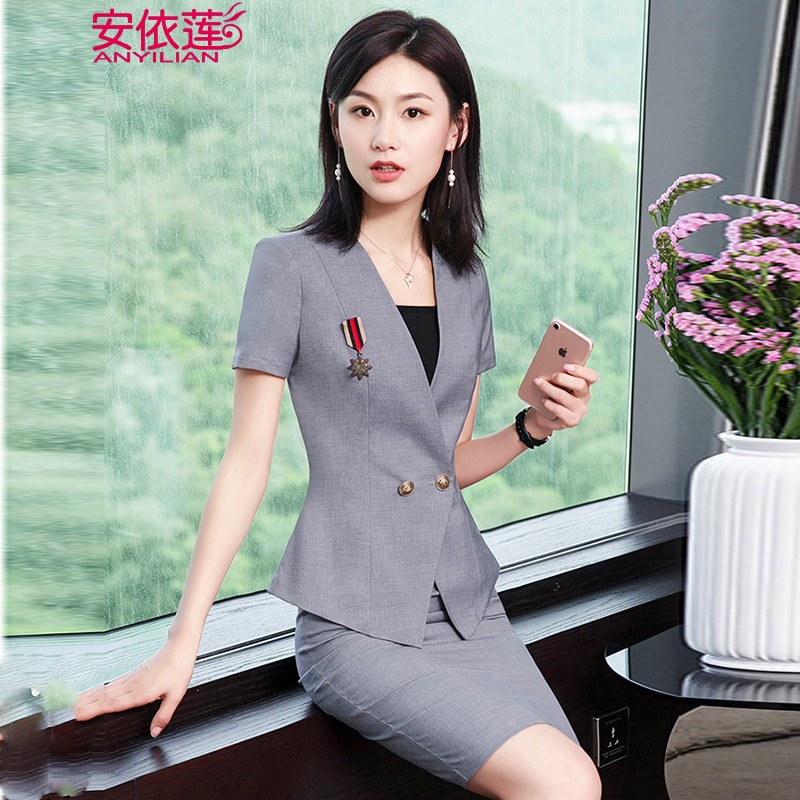 女装套装夏季新款时尚灰色短袖西装正装套裙女士工作服 灰色西装 短裙