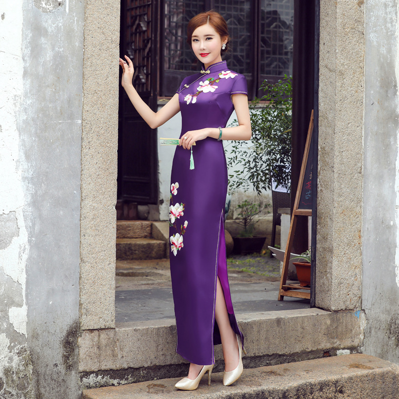 旗袍改良版连衣裙女夏2020新款修身走秀旗袍长款 紫色小百花 XL