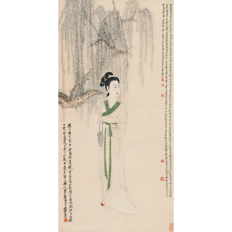 姿翰超高清微喷装饰画 谢稚柳 柳荫仕女图 工笔人物画 三尺纸本 97x48