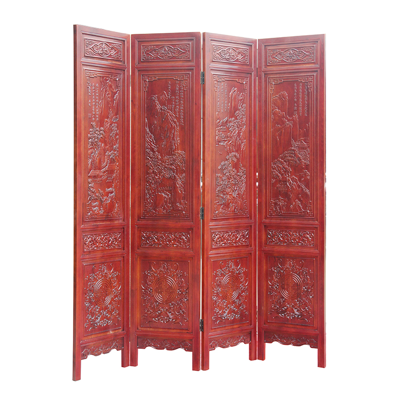 龙上龙(longshanglong)全实木香樟木折屏雕花折叠客厅屏风山水中式