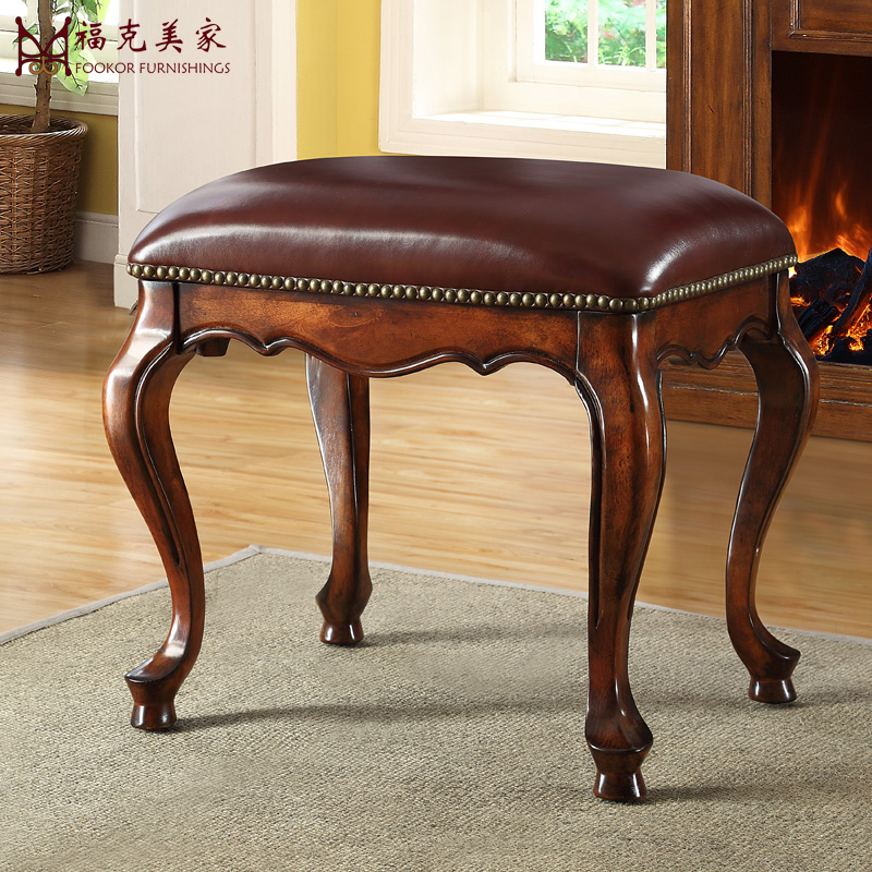 罗慕蒂森 欧式实木梳妆凳美式化妆台凳子真皮简约钢琴凳软包坐面凳子 褐色