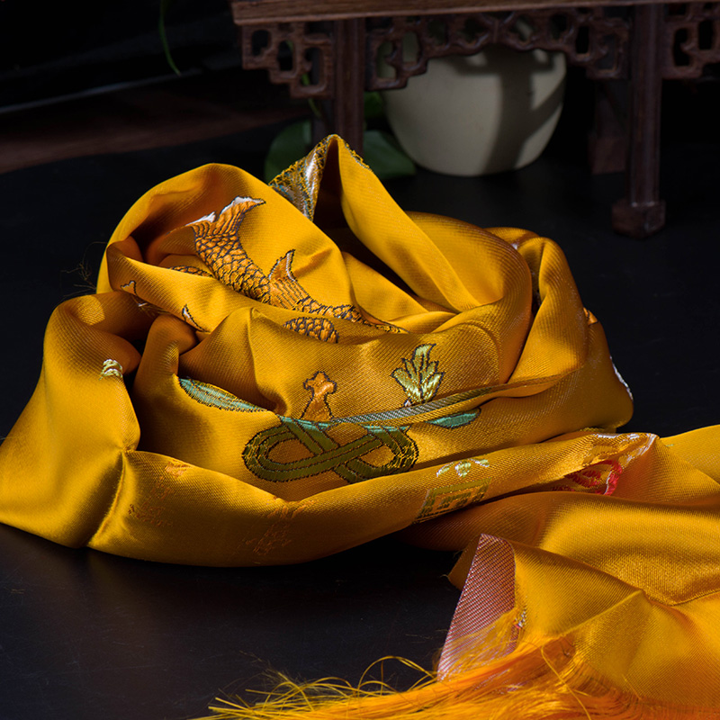 艺巅吉彩 五色哈达藏族 蒙古族藏饰真丝提花八吉祥哈达 长2.5米 6色可选 黄色