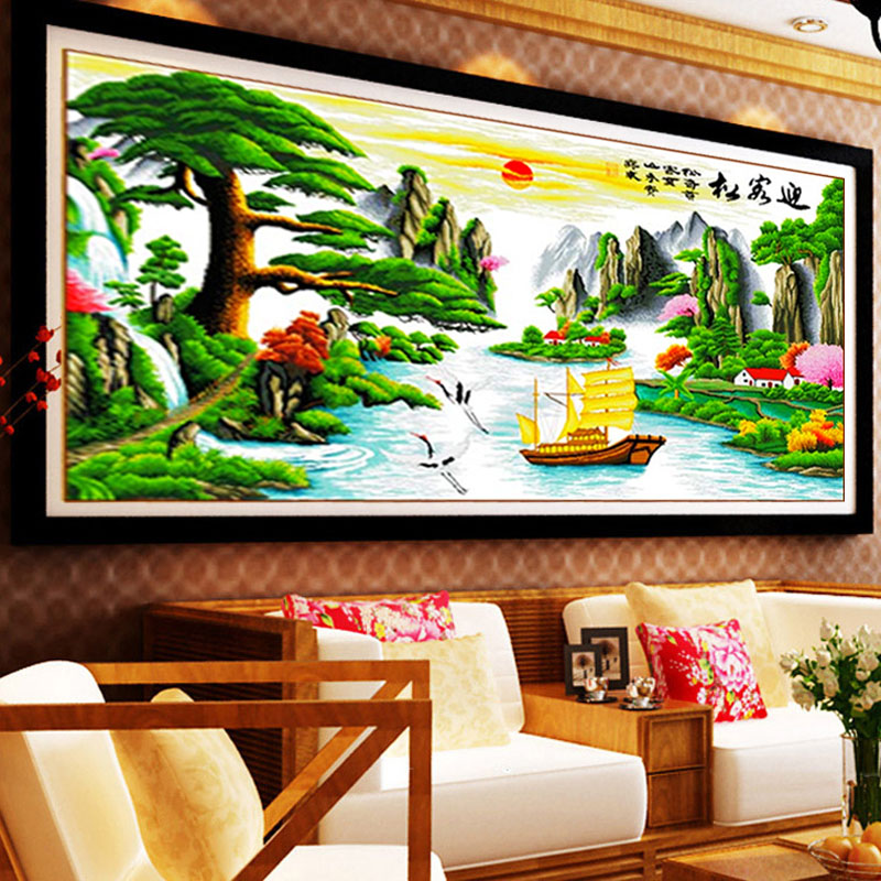 绣魁十字绣新款客厅大画迎客松财运版山水画风景大幅3d精准印花手工绣