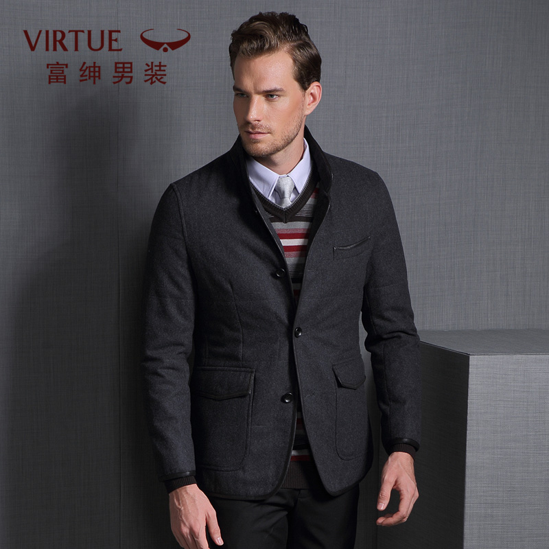 富绅秋冬新品男士毛呢大衣单排扣羊毛呢子外套商务休闲大衣01 浅灰色