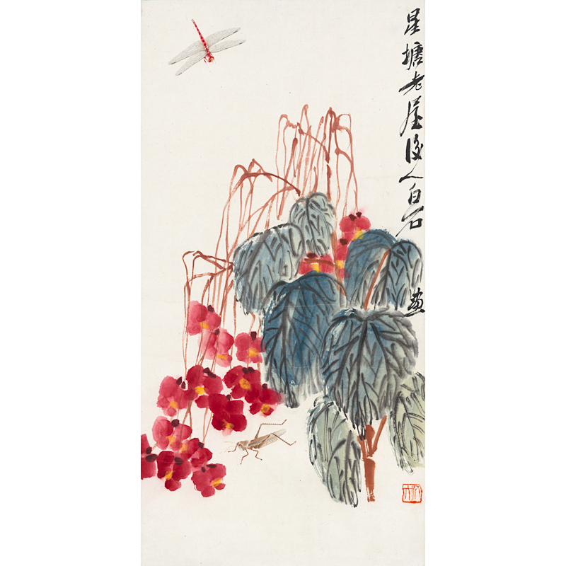 姿翰 超高清微喷装饰画 齐白石 海棠草虫图 兼工带写花鸟画国画 纸本