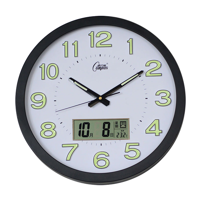 康巴丝(compas) 三代智能电波钟创意夜光液晶日历挂钟钟表客厅多款