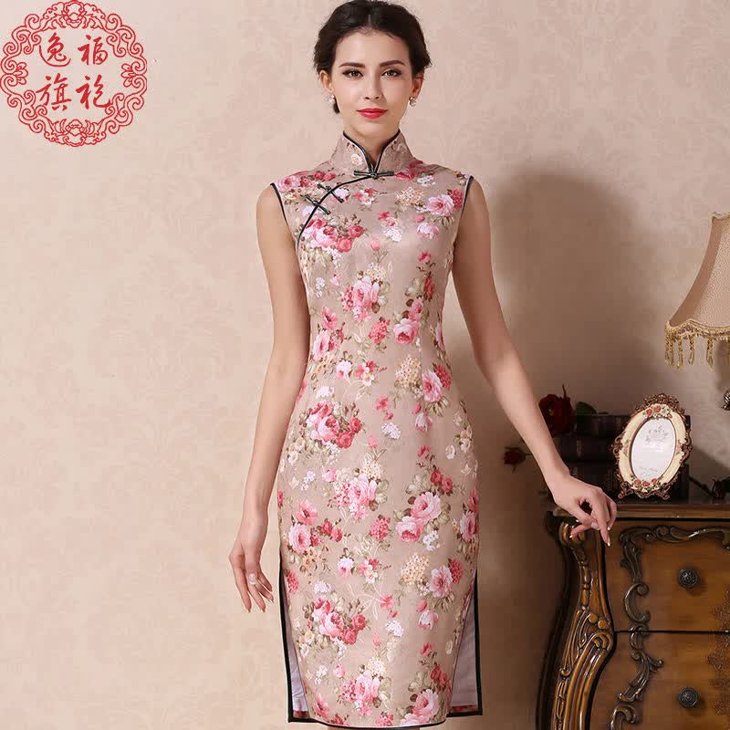 逸福旗袍裙短款夏季修身复古改良时尚旗袍日常性感无袖连衣裙2017,7天